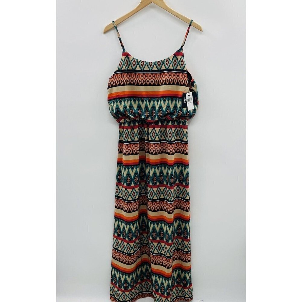 By & By Womens Size Large Spaghetti Strap Tribal Print Maxi Dress Elastic Waist‎